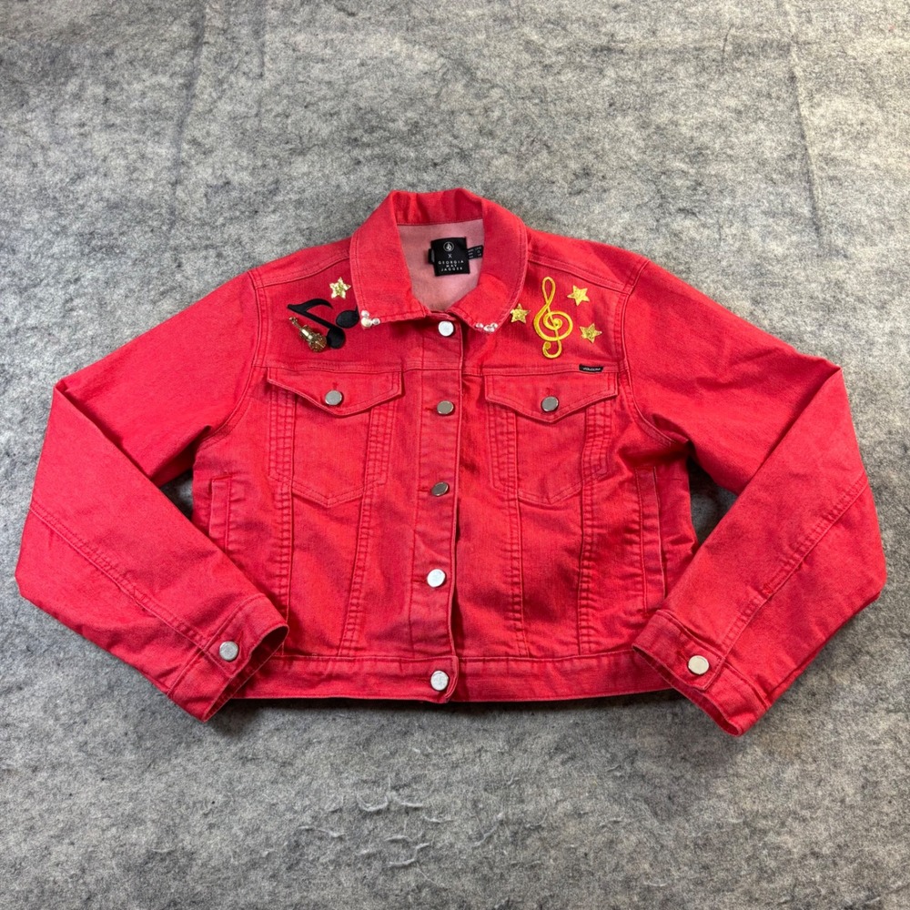 Volcom X Georgia May Jagger Red Denim Music Note Embroidered Jacket Womens L